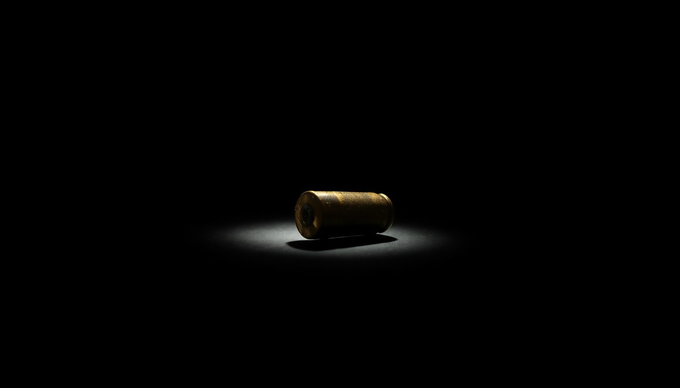 An extreme close-up photograph of a single bullet casing or other small piece of crime scene evidence, lit by a harsh, direct camera flash against a pitch-black background, conceptually representing the federal investigation into the Sinaloa Cartel's operations in Chicago.