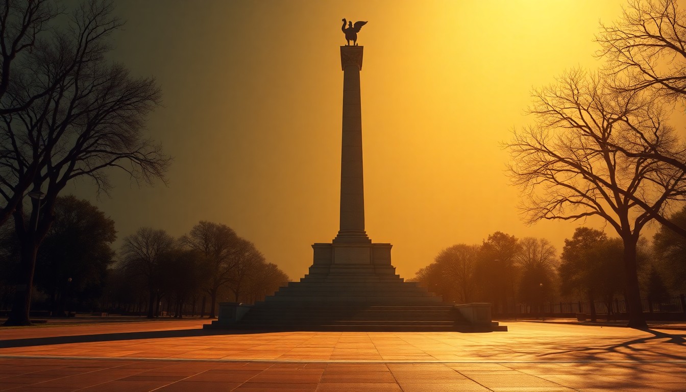 A serene, cinematic painting depicting an empty Confederate monument in Richmond, Virginia, with warm sunlight and deep shadows creating a contemplative, nostalgic mood.