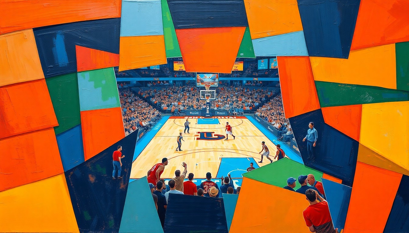 A cubist, geometric painting depicting the action of a basketball game, with players' bodies and the ball broken down into overlapping, angular shapes and planes in vibrant colors.