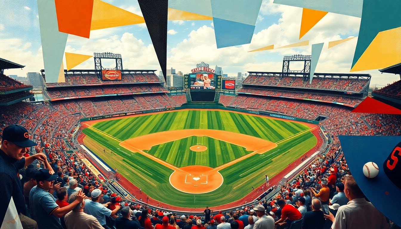 A cubist-style painting featuring overlapping geometric shapes and planes of color, representing the action of a baseball game between the San Francisco Giants and Cincinnati Reds in an abstract, deconstructed manner.