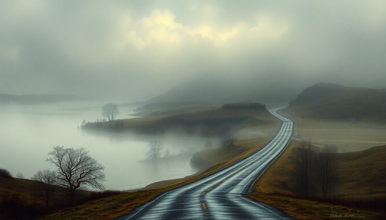 A sweeping, atmospheric landscape painting depicting a flooded road winding through a misty, desolate countryside, conveying the overwhelming scale of the natural forces at play.