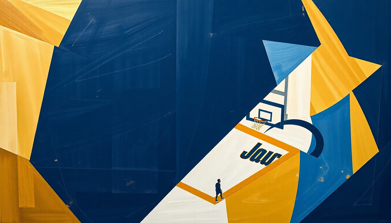 A cubist, geometric painting depicting a fragmented college basketball game, with sharp planes of navy blue, gold, and white overlapping to create a sense of motion and chaos on the court.