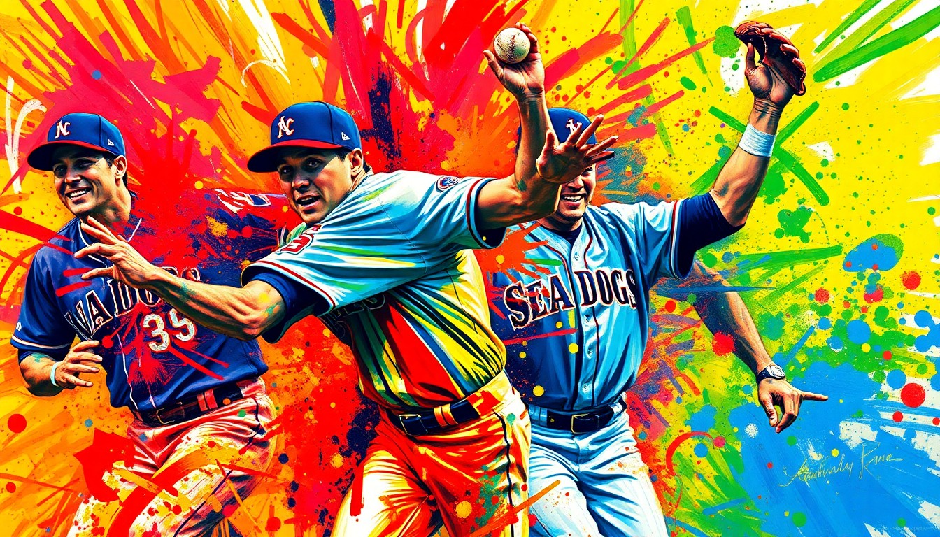 An abstract, expressionist painting in neon colors depicting the dynamic movements and energy of a baseball game, with players' forms dissolving into vibrant brushstrokes.