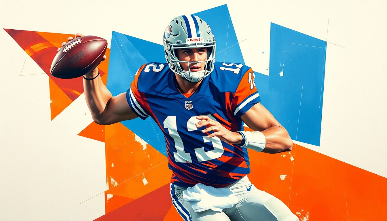 A cubist, geometric painting depicting a college football quarterback in motion, with sharp, overlapping planes of burnt orange, royal blue, and white, conveying the dynamic energy and complexity of the sport.