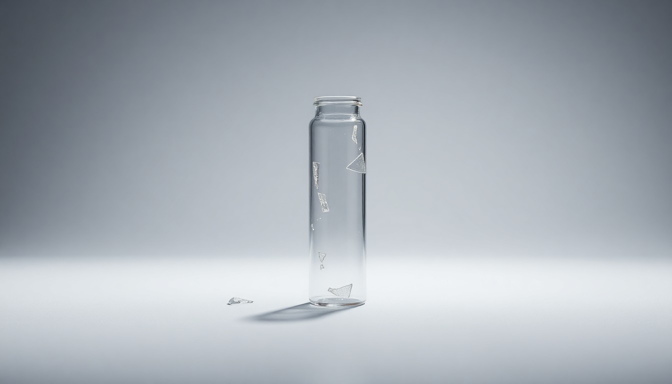 A high-end, photorealistic studio still-life photograph showing a shattered glass vial or test tube on a clean, monochromatic background, representing the unreliable clinical trial data that led to a major setback for the biotechnology company.