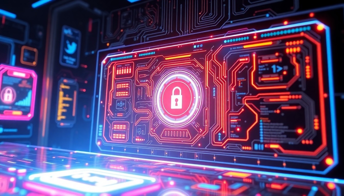 A highly detailed, glowing 3D illustration of a futuristic cybersecurity control panel, with pulsing neon lights, intricate circuit board patterns, and abstract data visualizations, conceptually representing the advanced technology behind Arc Security's AI-powered website protection platform.