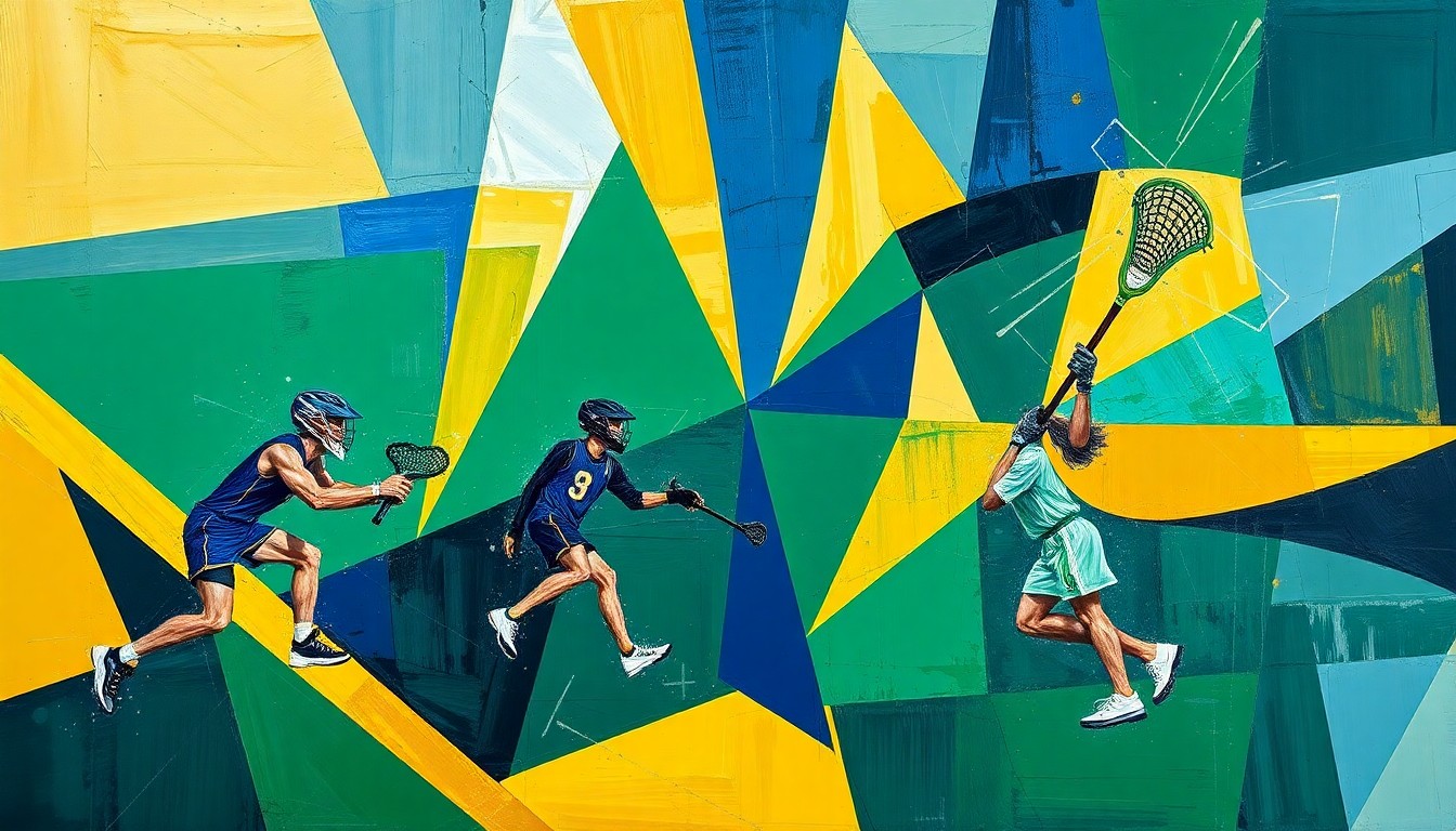 A cubist, geometric painting depicting a men's lacrosse game, with overlapping planes of navy blue, forest green, and gold representing the dynamic action on the field.
