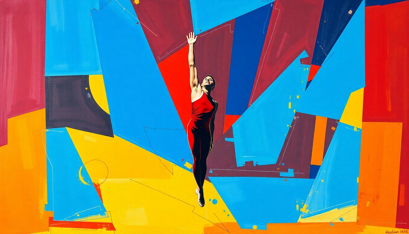A cubist, geometric painting depicting the dynamic movements and energy of a gymnastics competition, with overlapping planes of color and shape representing the different events and perspectives.