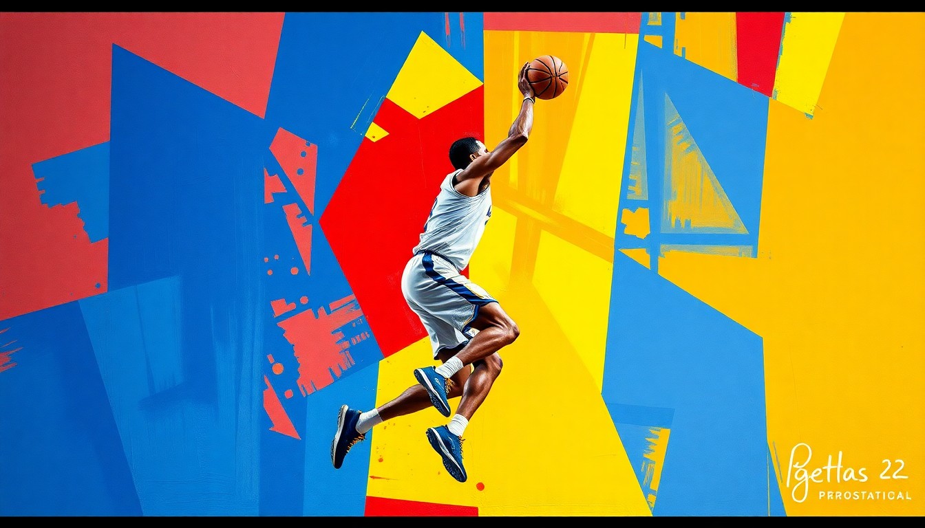 A cubist, geometric painting depicting a basketball player in motion, with their body and movements broken down into overlapping planes of bright blue, red, and yellow.