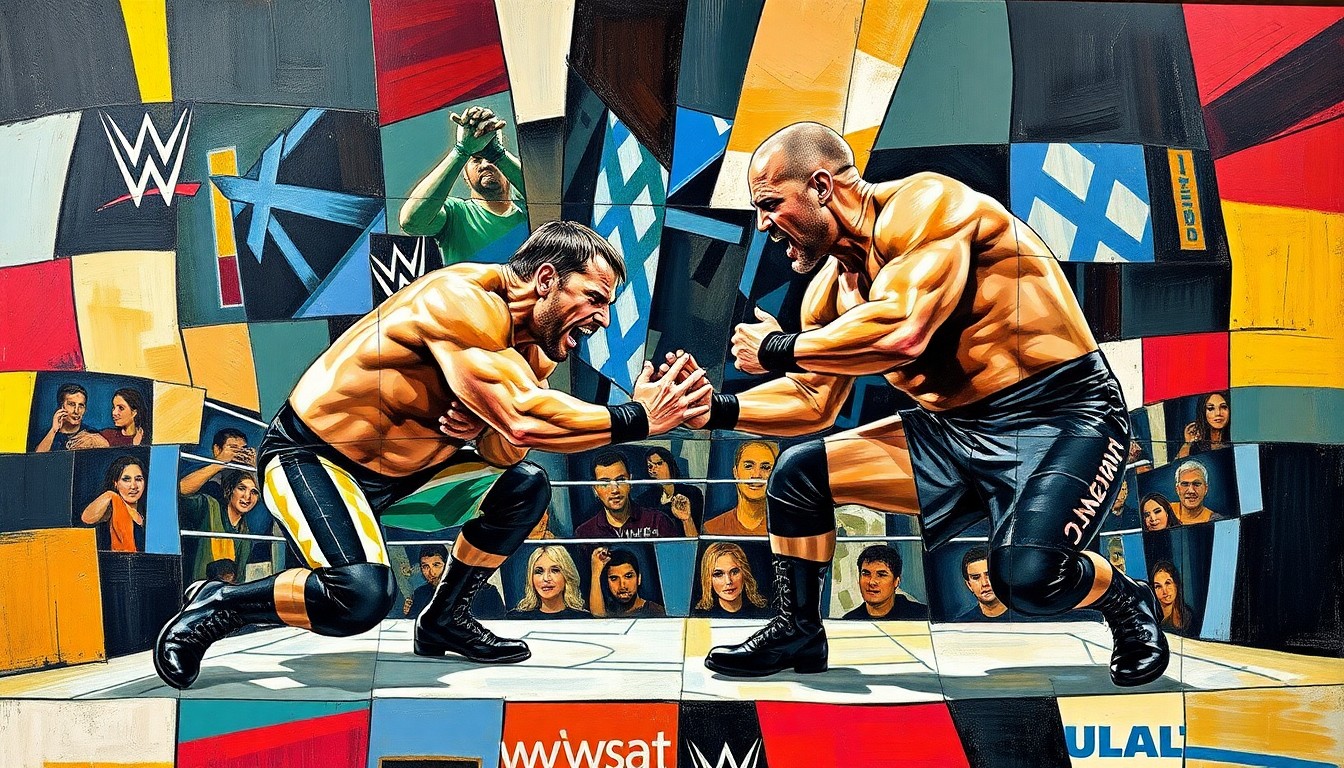 A cubist, multi-perspective painting depicting a wrestling match between two figures, their bodies and movements broken down into sharp, overlapping geometric shapes and planes in a vibrant color palette, conveying the raw energy and drama of their confrontation.