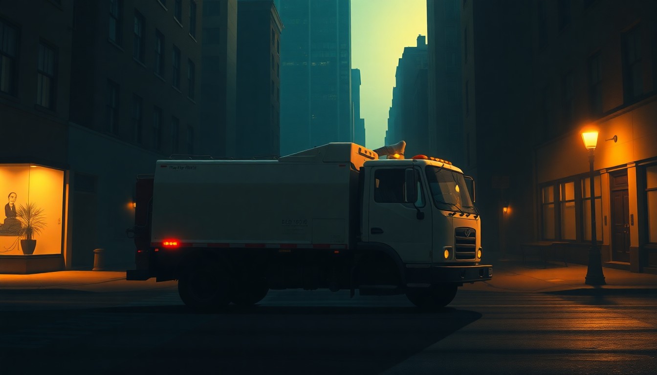 A dimly lit urban street scene with a lone street sweeper truck parked on the curb, the vehicle's silhouette casting long shadows across the pavement in the warm, golden light.
