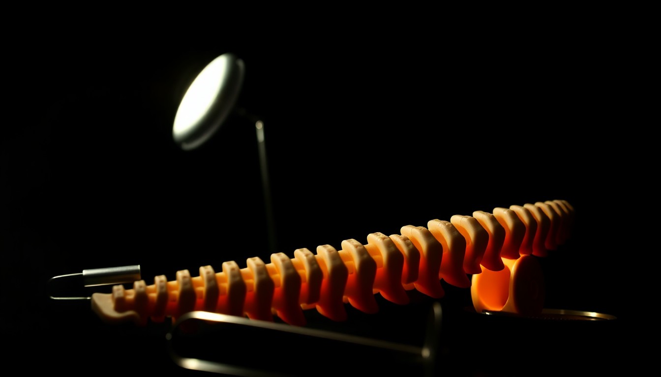 An extreme close-up photograph of a chiropractor's medical tools and equipment, such as a spine model or adjustment tools, lit by a harsh, direct camera flash against a pitch-black background, creating a stark, gritty, investigative aesthetic without depicting any violence.