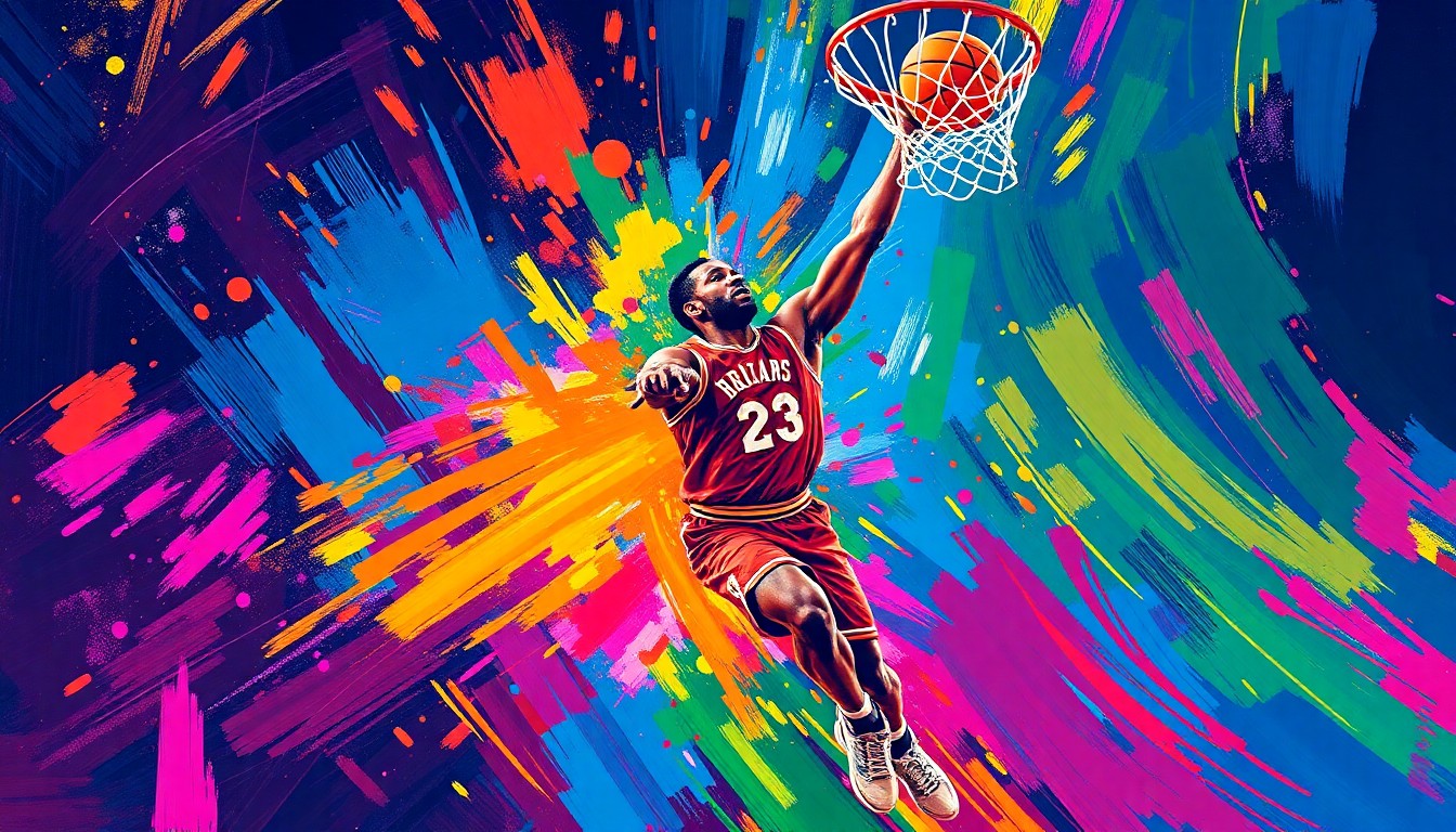 An abstract, energetic painting in bright neon colors, with rapid brushstrokes conveying the intense athleticism of a basketball player in motion.