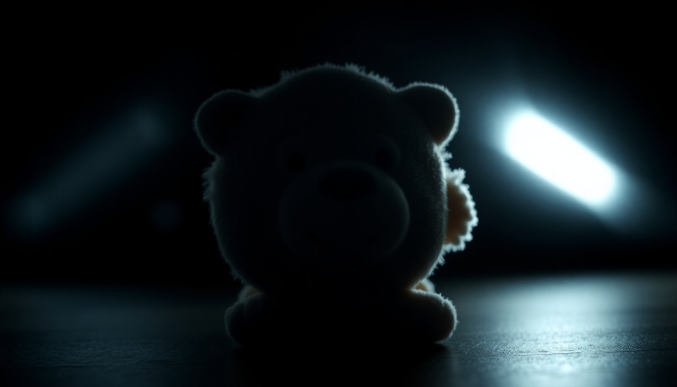 An extreme close-up photograph of a child's toy, such as a stuffed animal or small doll, lit by a harsh, direct camera flash against a pitch-black background, conceptually illustrating the gravity and gritness of a child sexual abuse case.
