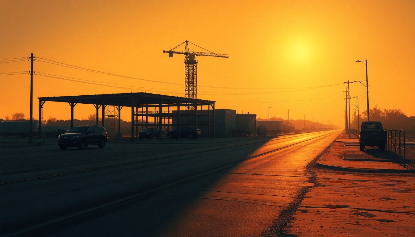 A serene, photorealistic painting of a lone construction site or public works facility in Waco, Texas, with warm sunlight casting deep shadows across the scene, conveying a sense of civic progress and investment.
