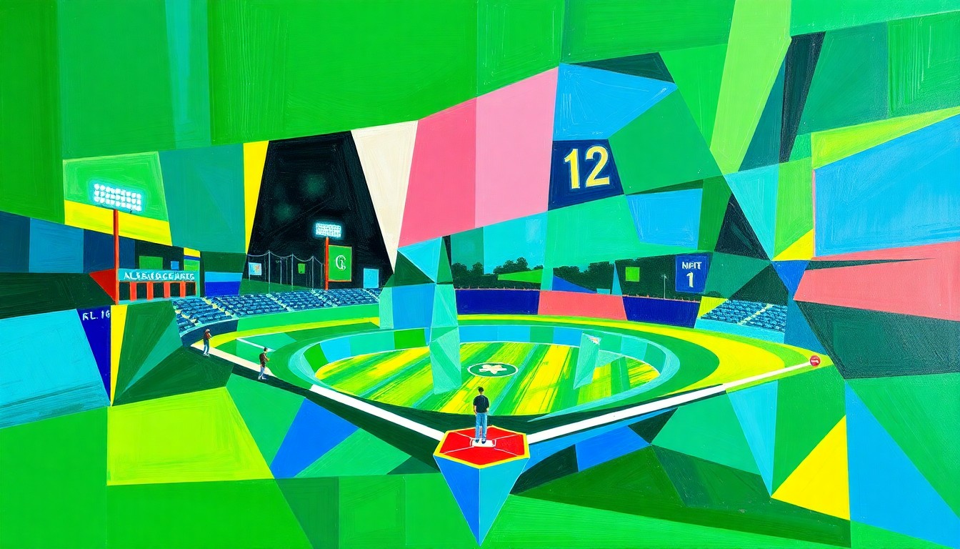 A fragmented, cubist-style painting depicting a high school softball game, with sharp geometric shapes in vibrant colors representing the dynamic action on the field.