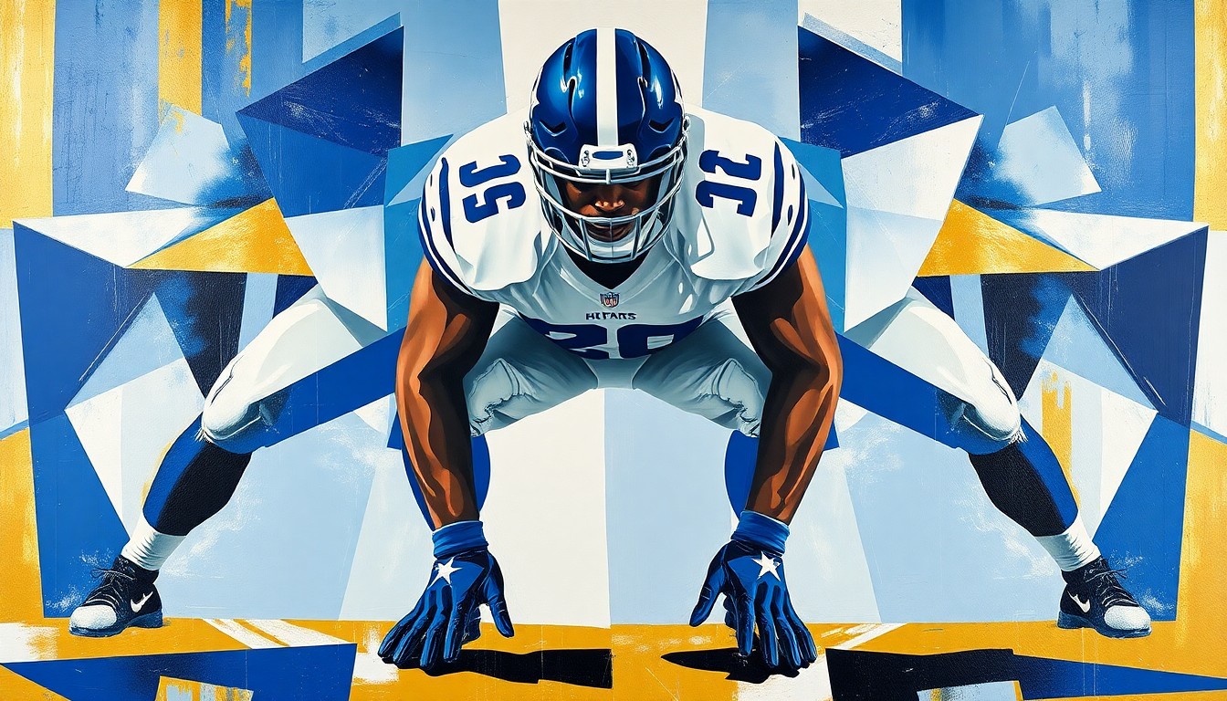 A fragmented, abstract painting depicting a football player's defensive line stance, with sharp, angular shapes in shades of blue, white, and gold, conceptually representing the multi-faceted nature of top-tier defensive line talent.
