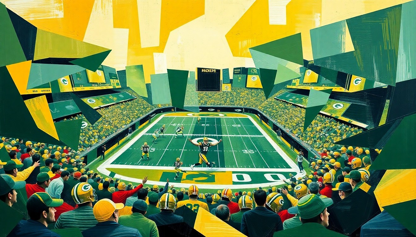 A cubist, geometric painting featuring overlapping planes of green and gold, conceptually representing the strategic planning and roster-building process of the Green Bay Packers ahead of the 2026 NFL Draft.