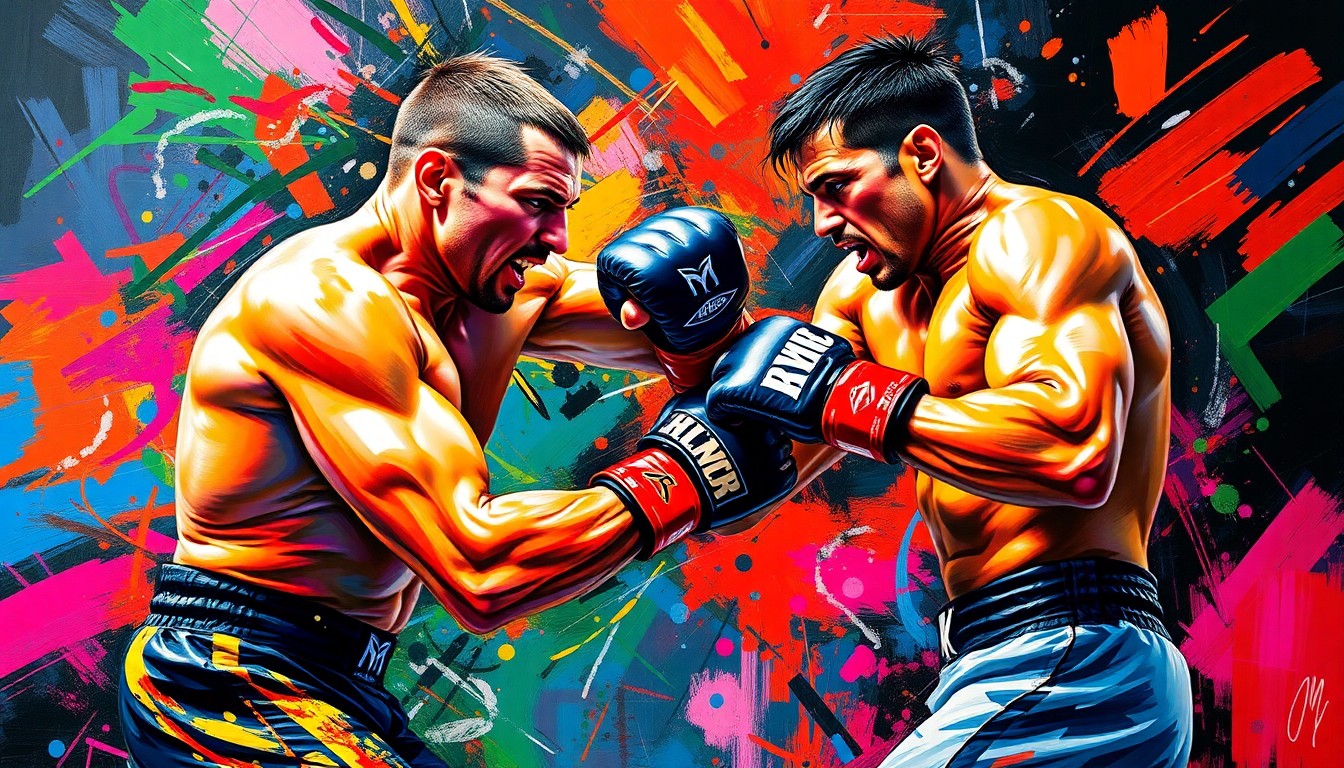 An abstract, expressionist painting in neon colors depicting the dynamic motion and energy of two MMA fighters, conceptually representing the intense debates around fighter pay in the sport.