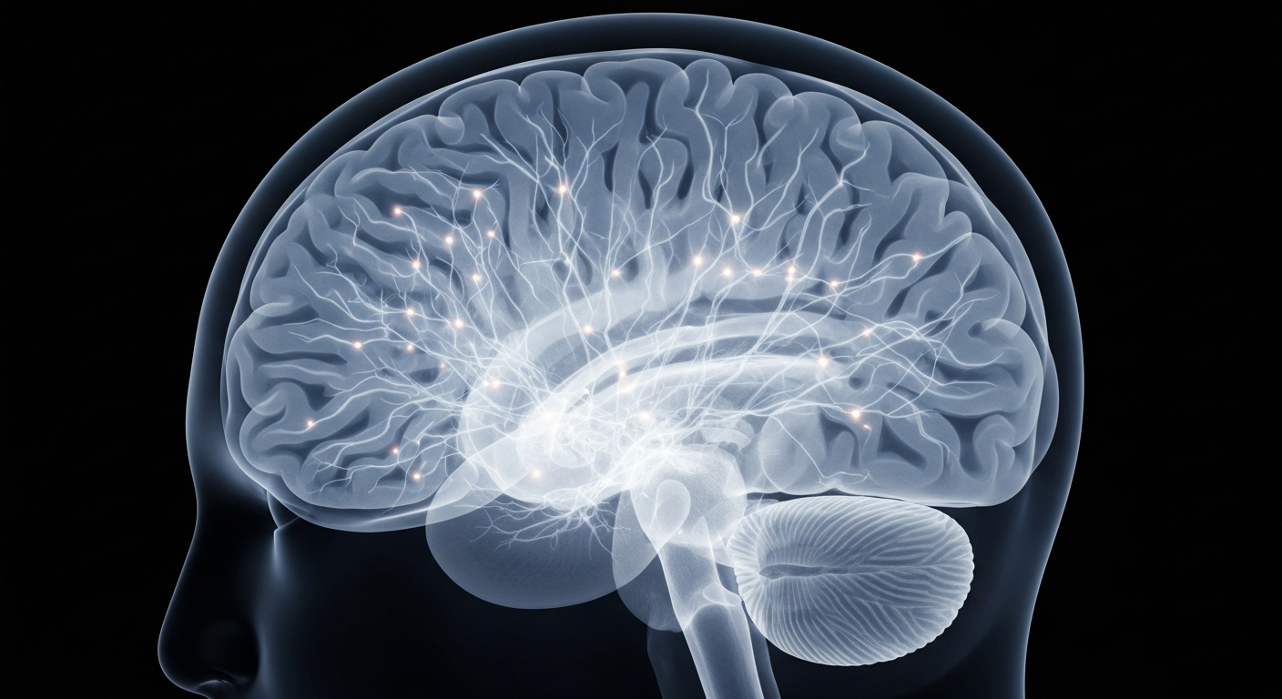A translucent, ghostly X-ray image revealing the intricate structure of the human brain, conveying the fragility and complexity of this vital organ and the devastating impact of glioblastoma, the aggressive form of brain cancer.