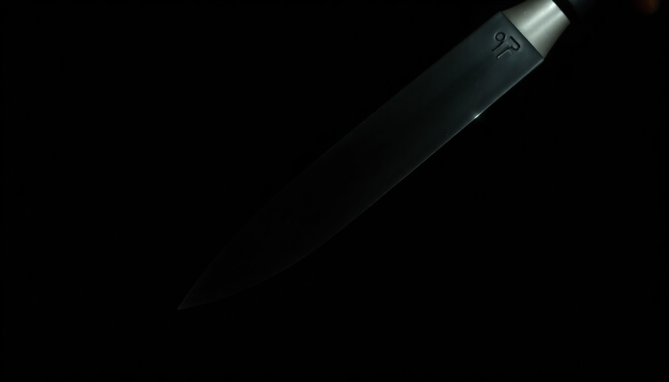 An extreme close-up photograph of a shiny metal object, such as a knife blade or handcuff, lit by a harsh, direct camera flash against a pitch-black background, conveying a stark, gritty, and investigative aesthetic without depicting any literal violence.