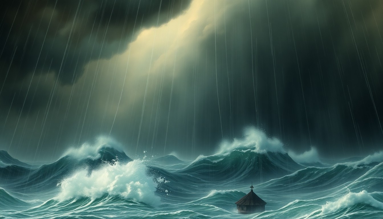 A sweeping, atmospheric landscape painting depicting a violent storm with heavy rain, churning waves, and dramatic lighting that dwarfs any physical structures or objects in the scene, conveying the overwhelming scale and power of the natural disaster.