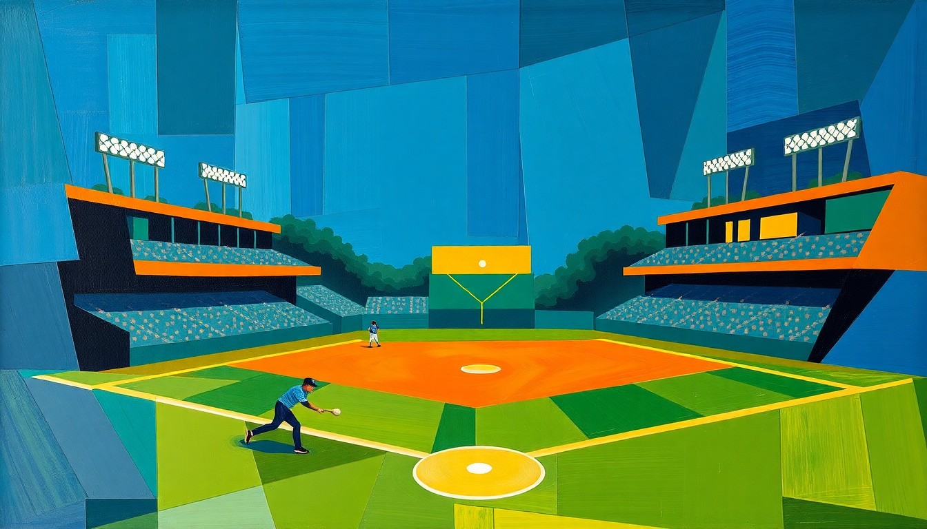 A cubist-style painting featuring overlapping geometric shapes and planes in navy blue, forest green, and burnt orange, conceptually representing the dynamic action and competition of a softball game.