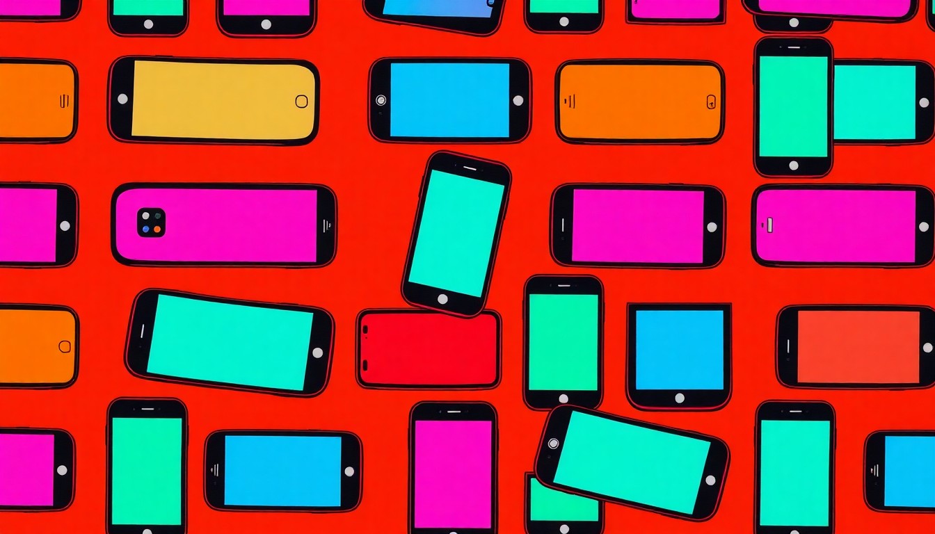 A brightly colored, high-contrast silkscreen print of a single, iconic smartphone icon repeated in a tight grid pattern, utilizing flat, vibrant, neon color palettes overlapping with heavy black photographic outlines to turn the everyday device into modern pop art.