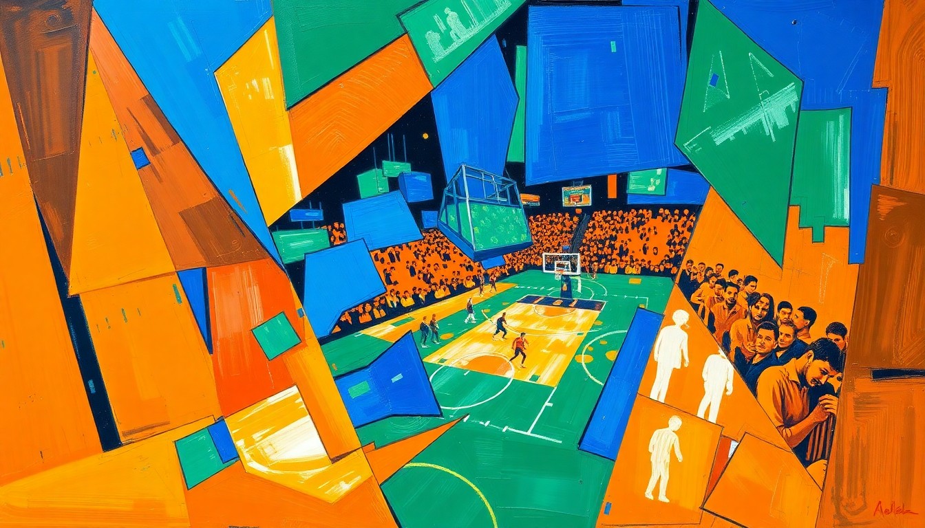 A cubist, geometric painting depicting overlapping basketball players and court elements in a vibrant color palette, capturing the dynamic energy of Illinois basketball.