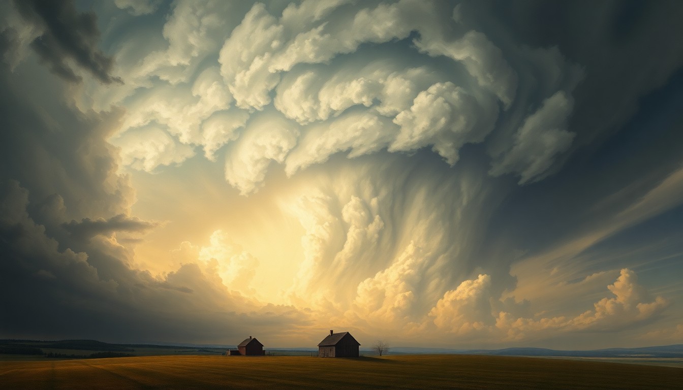 A sweeping, atmospheric landscape painting depicting a massive, swirling supercell thunderstorm dominating the horizon, with a small rural structure dwarfed by the overwhelming natural elements.