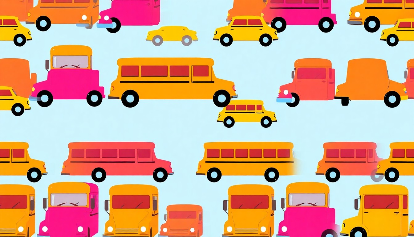A highly stylized, pop art-inspired illustration featuring a repeating grid of brightly colored school bus icons in neon shades of yellow, orange, and blue, with heavy black outlines, conceptually representing the financial pressures facing the Los Angeles Unified School District.