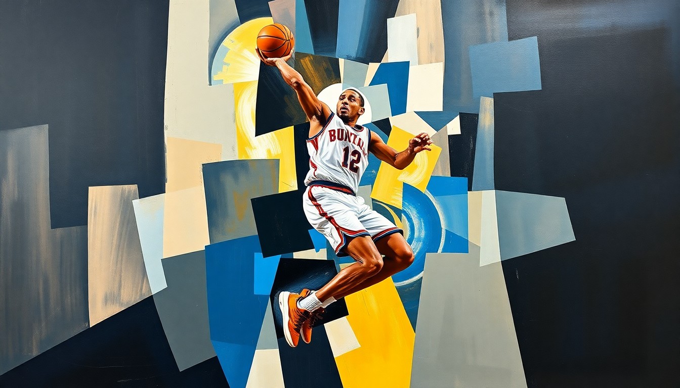 A cubist-inspired illustration depicting a basketball player's movements and actions broken down into sharp, overlapping geometric shapes and planes, capturing the energy and dynamism of the sport.