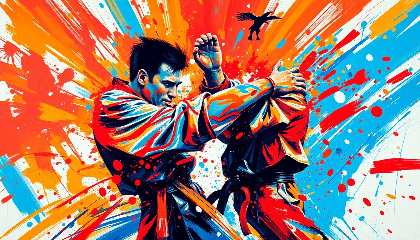An abstract, energetic painting in vibrant neon colors, with rapid brushstrokes conveying the raw power and dynamic movement of a karate competition.