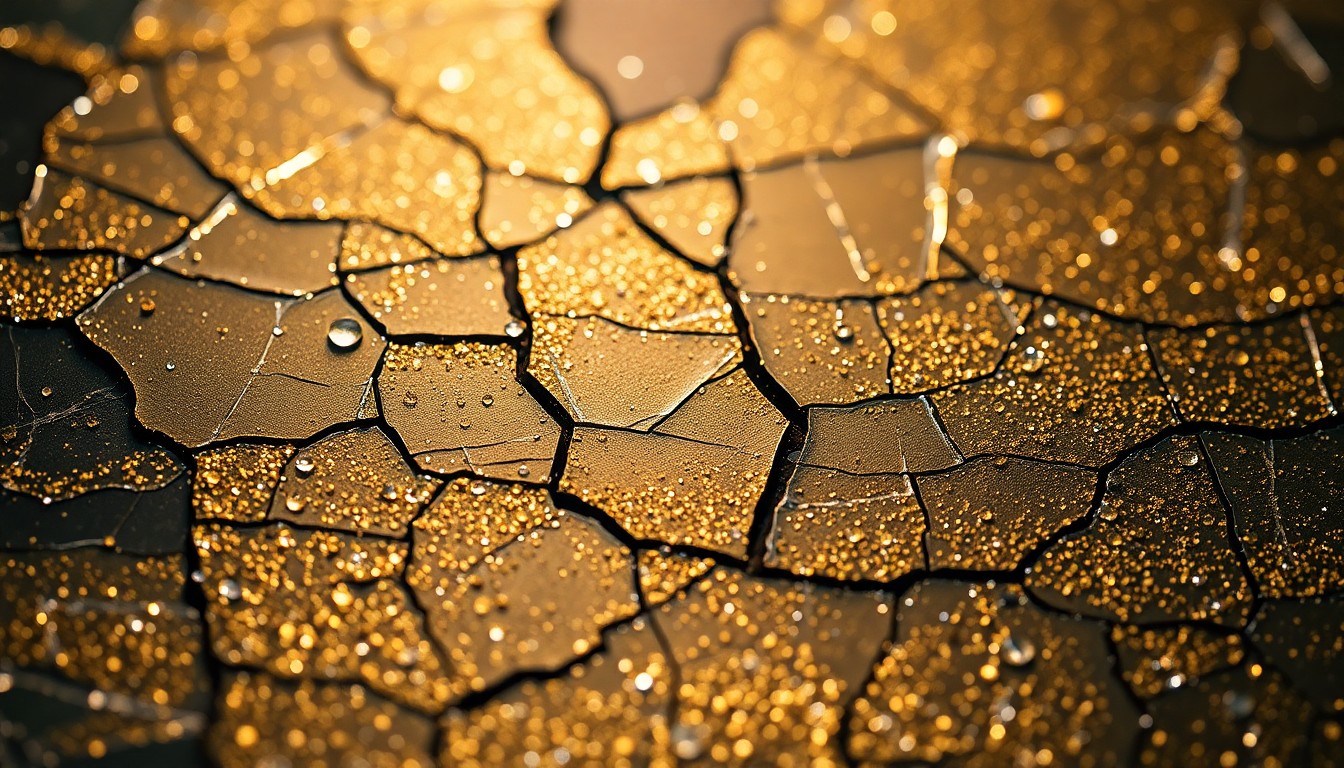 An extreme close-up photograph of a cracked, glittering surface in dramatic, high-contrast lighting, conveying the sense of heightened emotion and tension in a soap opera storyline.
