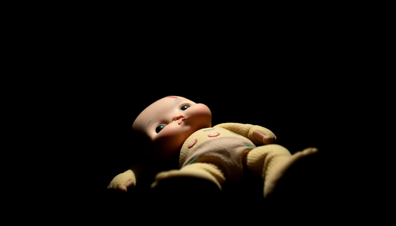 An extreme close-up photograph of a broken toy, its details sharply illuminated by a harsh flash against a dark background, conceptually representing the trauma and aftermath of the alleged abuse within the Duggar family.