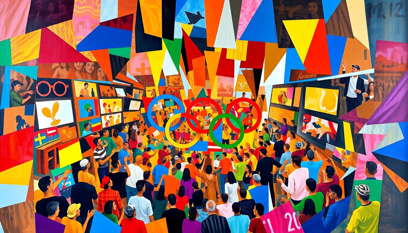 A cubist, geometric painting featuring overlapping planes of bright colors and angular shapes, conceptually representing the chaotic and multifaceted nature of Olympic ticket sales.