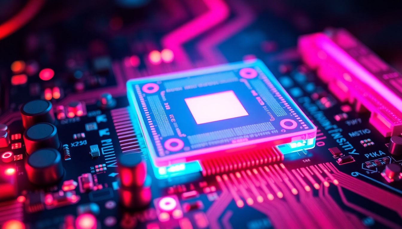 A highly detailed, glowing 3D illustration of a semiconductor wafer and circuit board components, bathed in neon cyan and magenta lights, conceptually representing the high-tech nature of the semiconductor industry.
