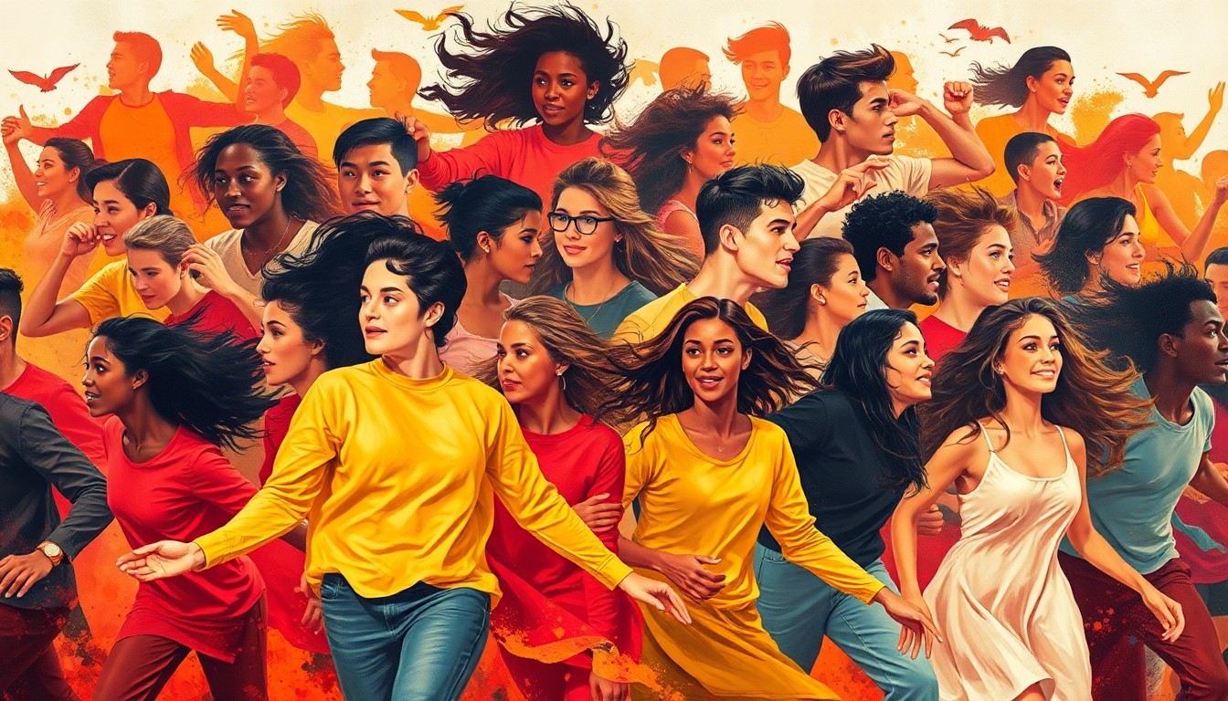 A dynamic, abstract painting showing a group of young people in motion, their figures repeated and overlapping in waves of vibrant colors like red, orange, and yellow, conveying the energy and urgency of the youth-led movement for sustainable development.