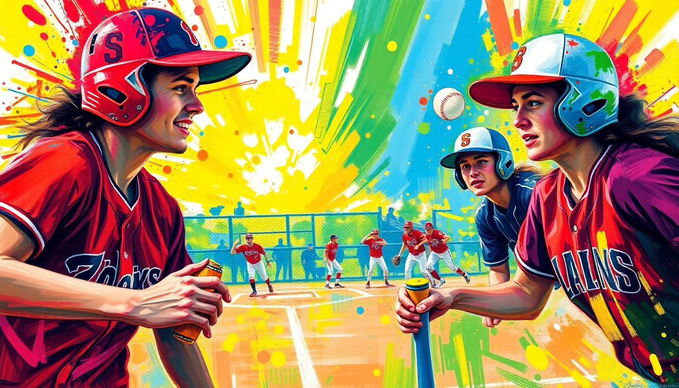 An abstract, expressionist painting in neon colors depicting the dynamic motion and energy of a college softball game, with players' forms dissolving into vibrant brushstrokes.
