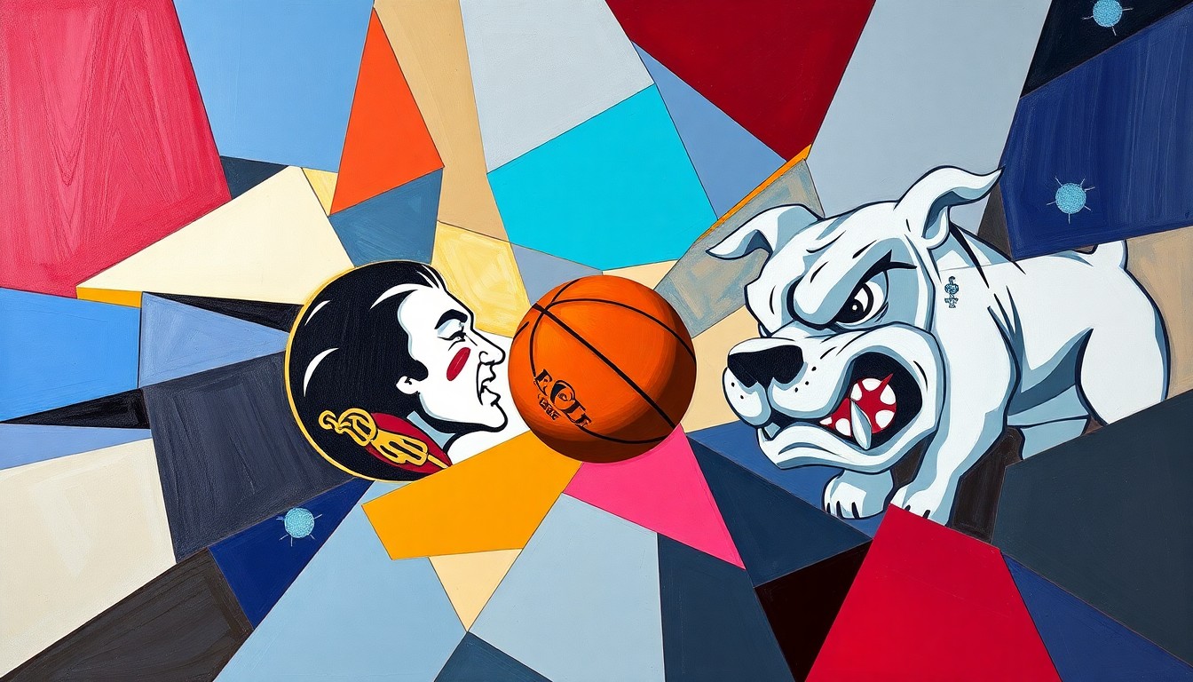 A fractured, geometric painting depicting the dynamic movement and energy of a college basketball game, with the dominant colors representing the Florida State Seminoles and UNC Asheville Bulldogs.