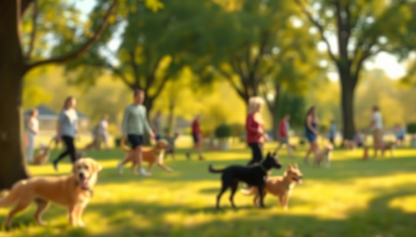 An abstract, impressionistic photograph of a dog park, with blurred shapes of people, dogs, and trees in soft, warm tones, conveying a sense of community and care for animals.