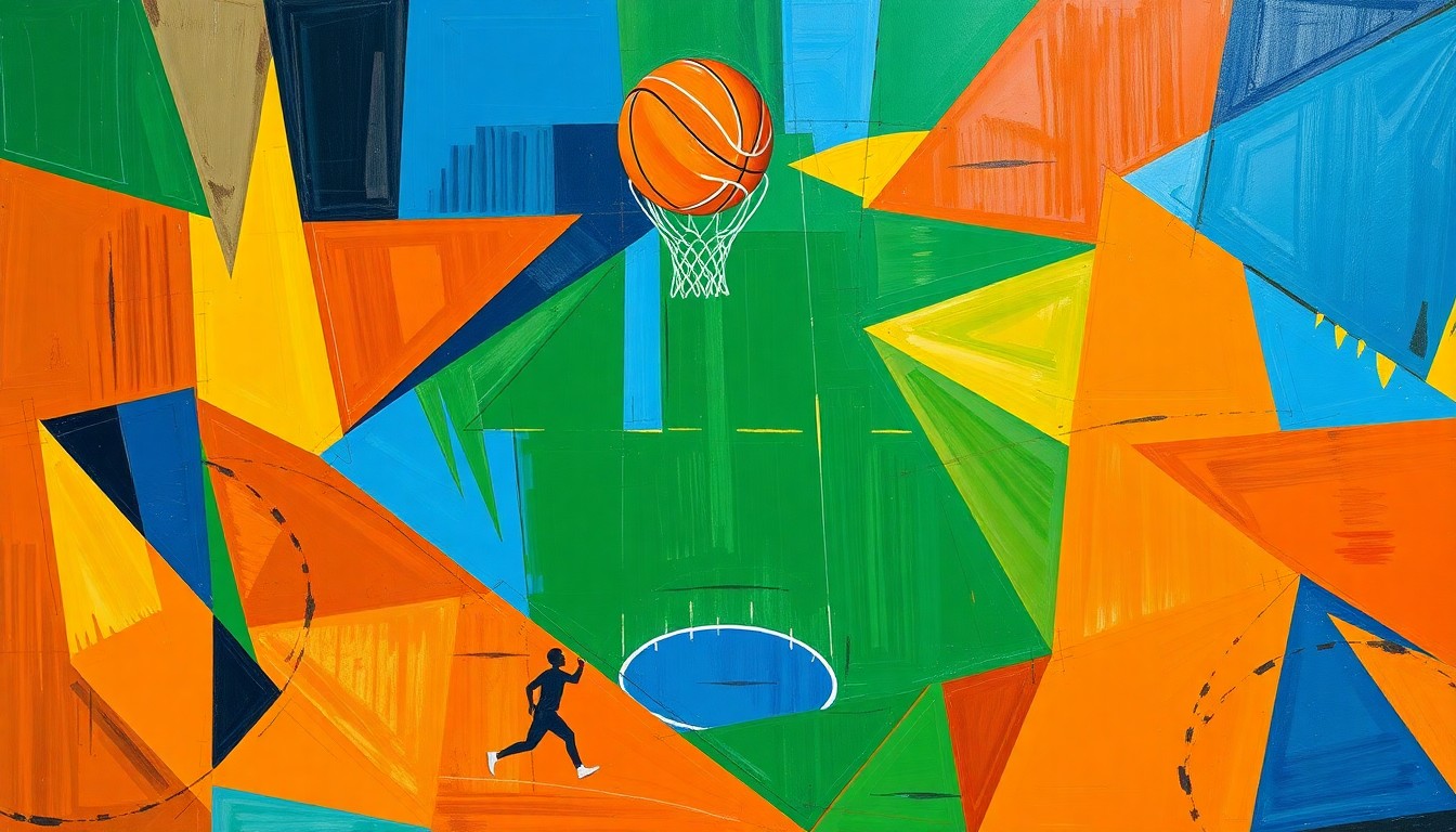 A fragmented, geometric painting in shades of orange, blue, and green, capturing the dynamic movements and energy of a basketball game through Picasso-esque abstraction.