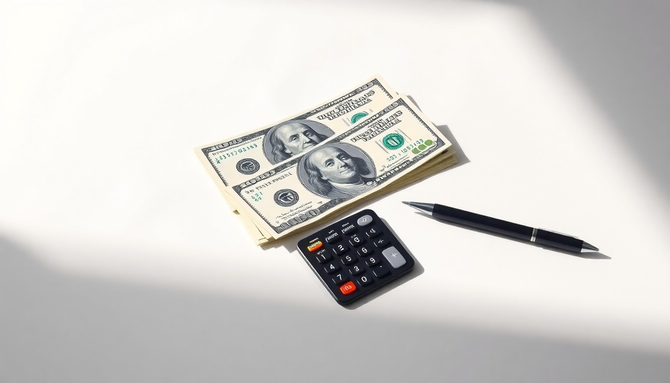 A high-end, photorealistic studio still-life photograph featuring a stack of U.S. dollar bills, a calculator, and a pen neatly arranged on a clean, white seamless background, with dramatic lighting and sharp shadows to represent the financial impact of new tax breaks.