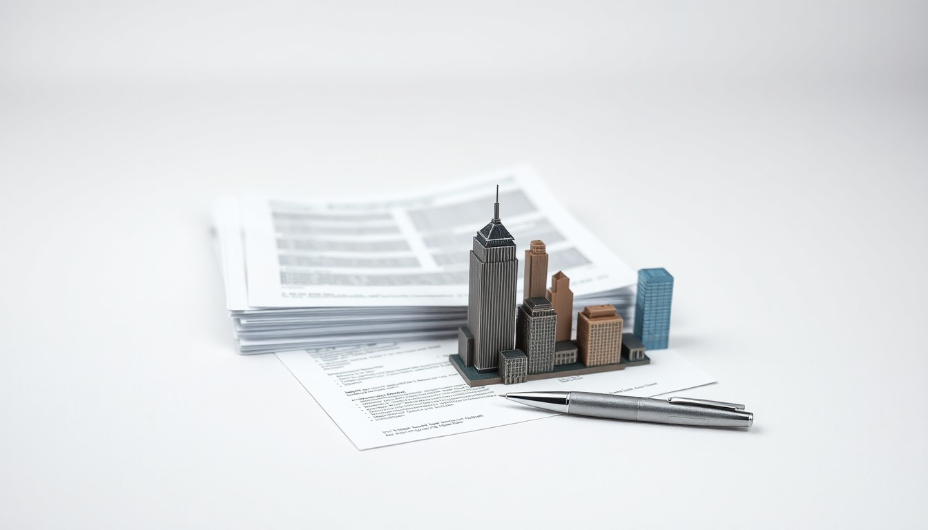 A photorealistic studio still life featuring a stack of financial documents, a pen, and a small model of the Birmingham skyline, symbolizing Dickerson's work in community investment and economic development.
