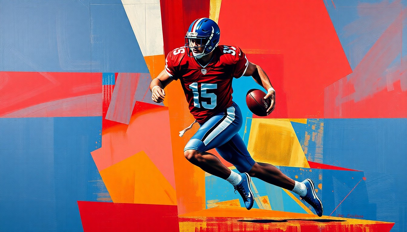 A cubist-style painting depicting a football player in motion, with their body broken down into sharp, overlapping geometric shapes in a palette of deep red, royal blue, and metallic gold, conveying the intensity of the competition to acquire this elite offensive weapon.