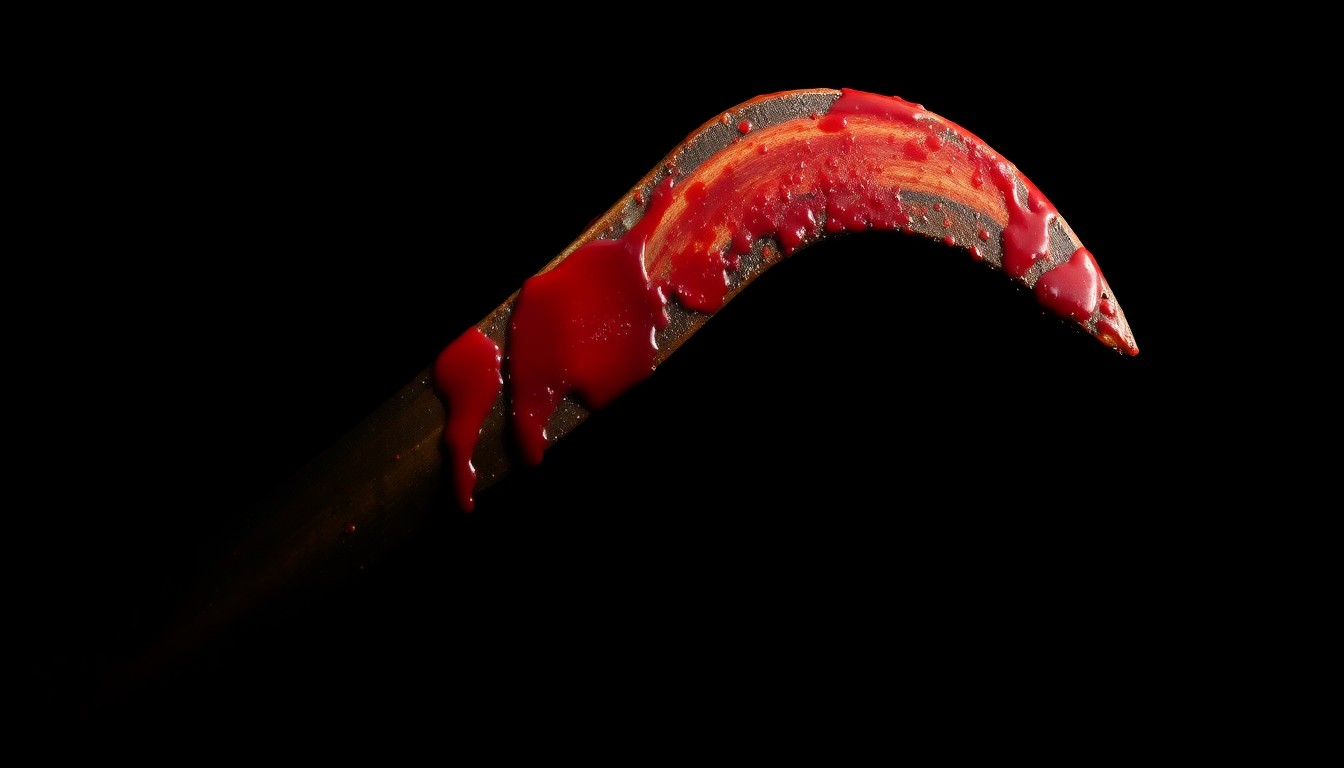 An extreme close-up of a crowbar covered in dried blood, photographed against a pitch-black background with a harsh, direct camera flash, conceptually illustrating the violent nature of the alleged murder weapon.