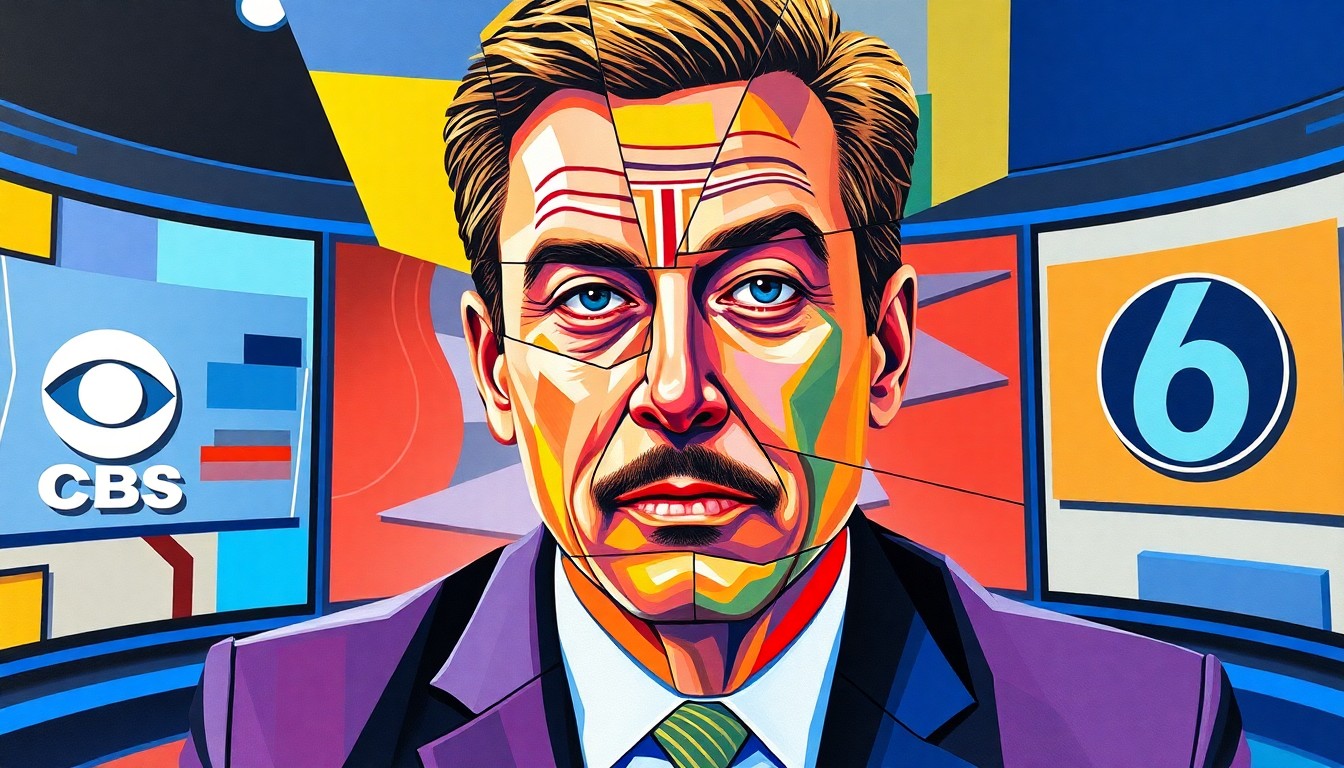 A fragmented, geometric painting depicting a sports anchor's face and body broken into sharp, overlapping planes of color, conceptually representing the multifaceted nature of local sports journalism.