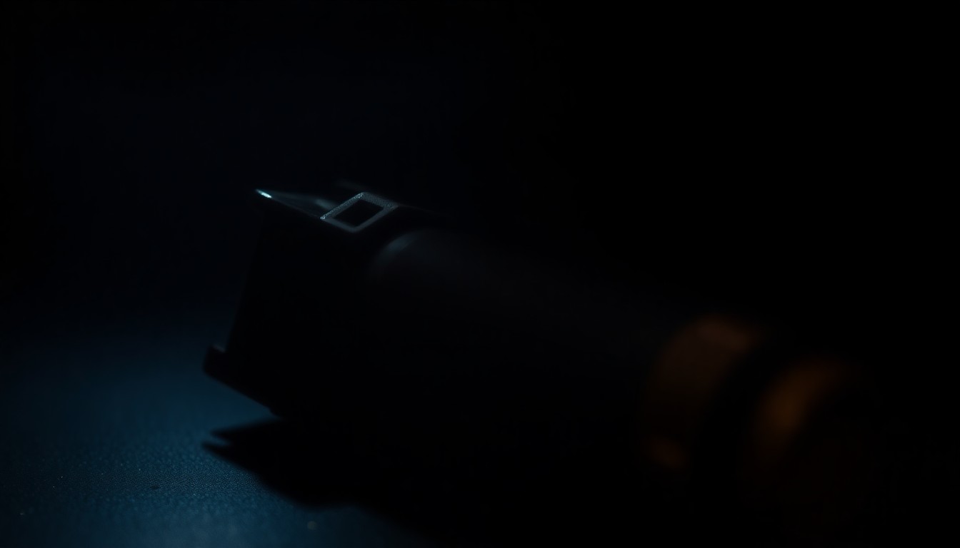 An extreme close-up photograph of a damaged car component, such as a sensor or dashboard piece, reflecting a harsh, direct camera flash against a pitch-black background, conceptually representing the aftermath of a tragic canal rescue incident.