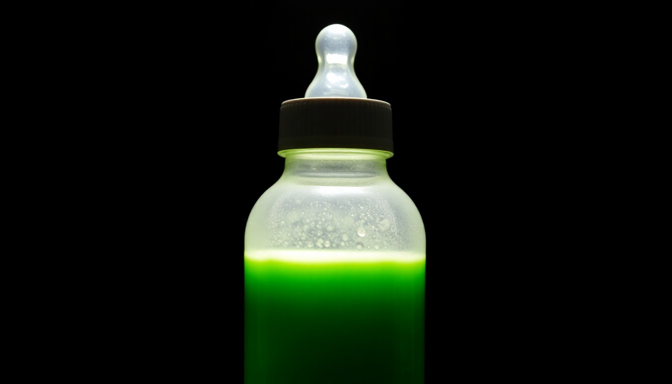 An extreme close-up of a baby bottle filled with a bright green liquid, reflecting the harsh light of a camera flash against a pitch-black background, conceptually representing the disturbing allegations of poisoning in this case.