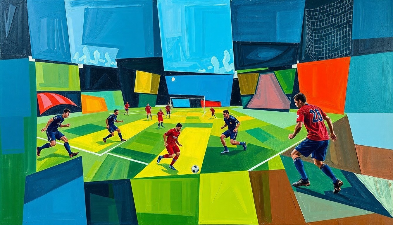 A cubist, geometric painting depicting a fragmented soccer match or training session, with overlapping planes of deep blues, greens, and reds, conceptually representing the complex transition facing Inter Miami after the departure of their head coach.